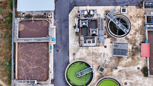 aerial drone view process cleaning dirty sewage water by active sludge Modern technologies wastewater treatment plant photo