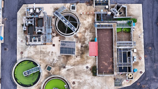 aerial drone view process cleaning dirty sewage water by active sludge Modern technologies wastewater treatment plant photo