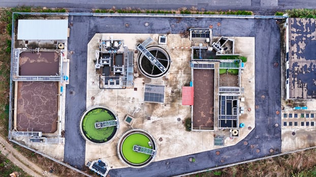 aerial drone view process cleaning dirty sewage water by active sludge Modern technologies wastewater treatment plant photo