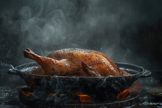 A beautifully roasted duck resting in a cast iron pan, surrounded by smoke and heat photo