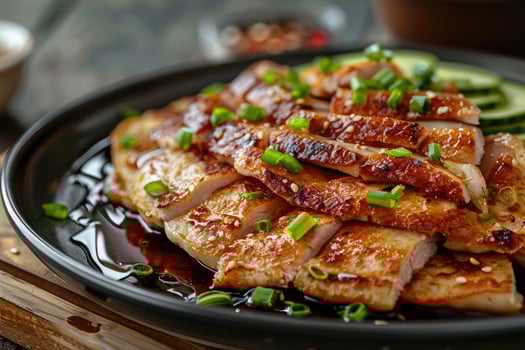 A close-up of grilled chicken slices garnished with green onions and served on a plate photo