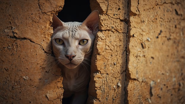 Sphynx cat peeking through a cracked wall in a desert. photo