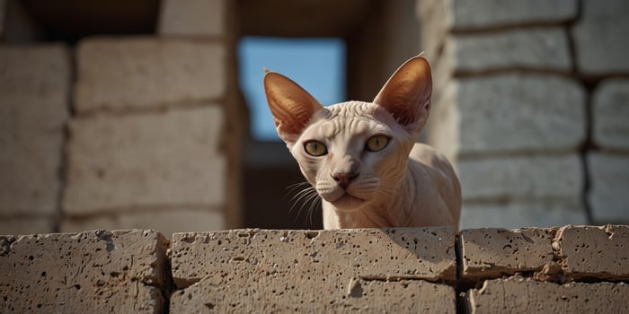 Sphynx cat peeking through a broken wall, clear sky background Curious and unique pet concept. photo
