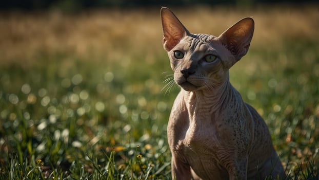Sphynx cat sitting in a sunny grassy field. photo