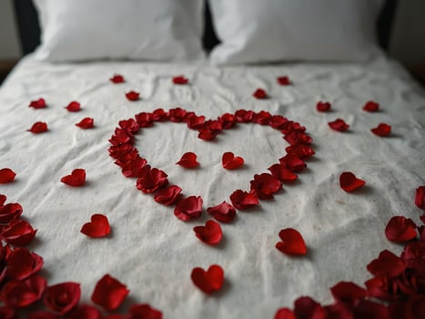 Red rose petals arranged in a heart shape on a bed. photo