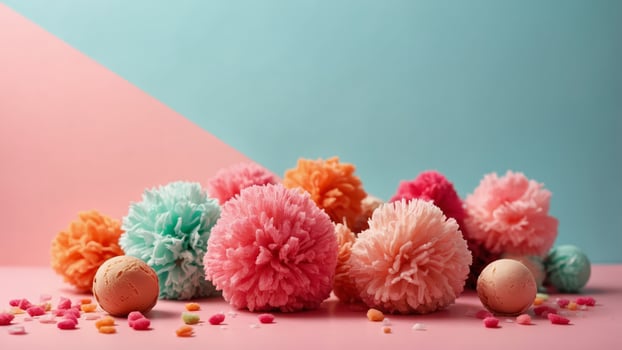 Colorful pom-poms in ice cream cone on pink background minimal concept flat lay. photo