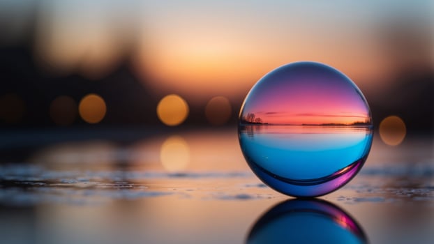 A colorful glass sphere on a reflective surface with a vibrant gradient background featuring pink and blue hues, creating a modern abstract aesthetic. photo