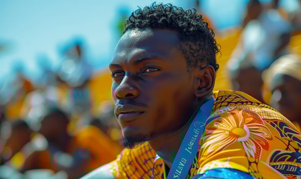 Portrait of worried African male athlete or sports team member at stadium photo