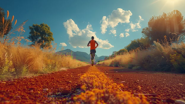 Back view African runner running and training in a stadium with a view of the mountains photo