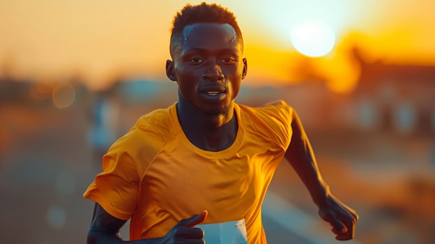 Portrait of a young African runner man in a yellow t-shirt running at the African Games competition photo