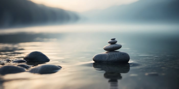 Two Zen stones in water with fog in the background. photo