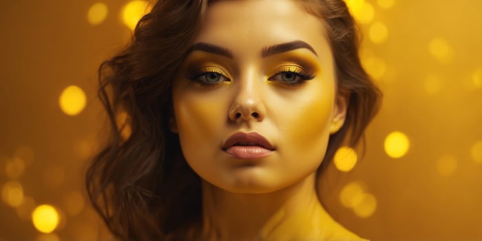 A stunning model with yellow makeup, on hard yellow background. photo