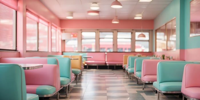 Colorful retro diner interior with vibrant pastel booths and checkered floor Playful and nostalgic atmosphere with contemporary aesthetic. photo