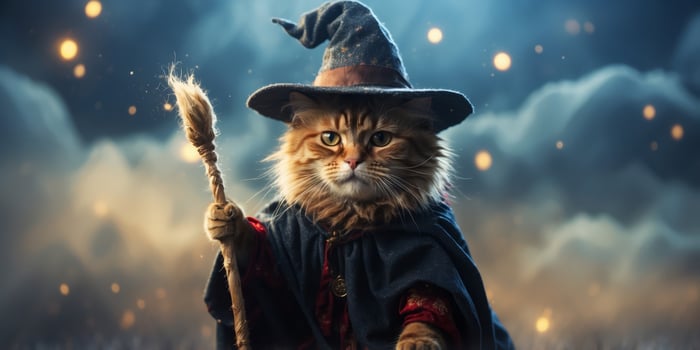 A magical cat riding a broomstick through the clouds, with a cape and hat. photo