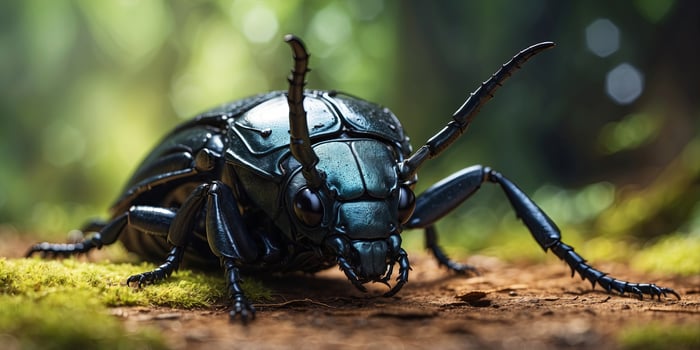 One close-up of one horned beetle in a forest. photo