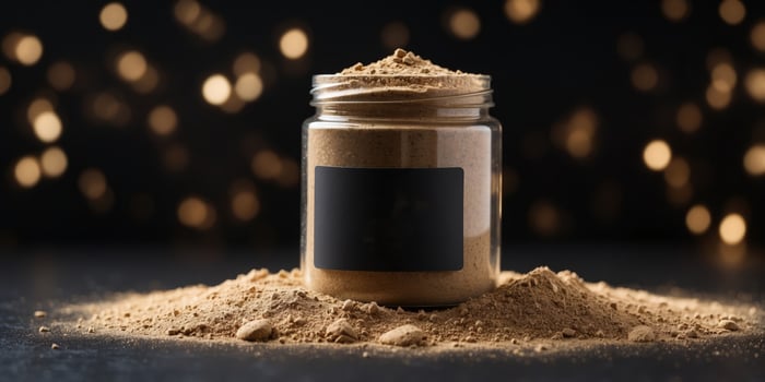 A jar filled with protein powder, surrounded by powder dust, on a dark surface. photo