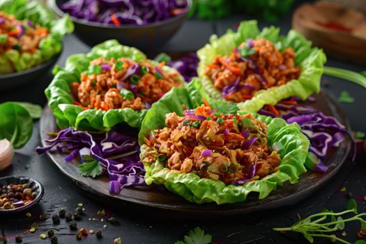 A vibrant platter of lettuce wraps filled with a savory chicken and vegetable mixture photo