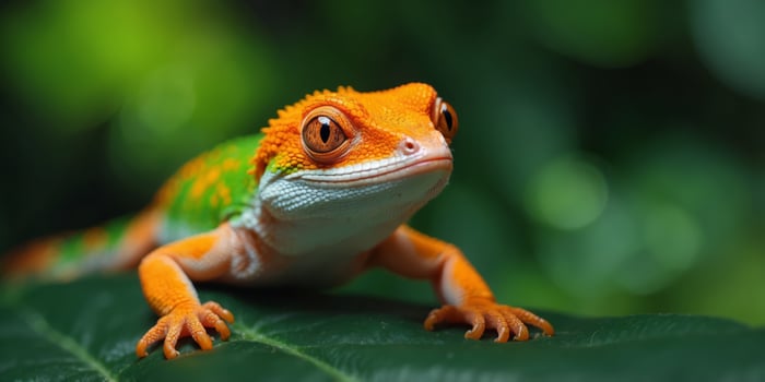 A close-up of a bright orange and green gecko on a leaf. photo