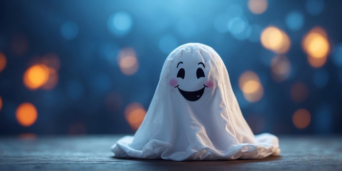 Happy ghost on blue background Halloween idea. photo