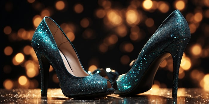 High heel fashion shoes with glitter on black background. photo