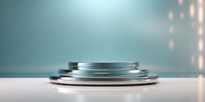 Minimal product display with a mirrored podium and reflective surfaces. photo