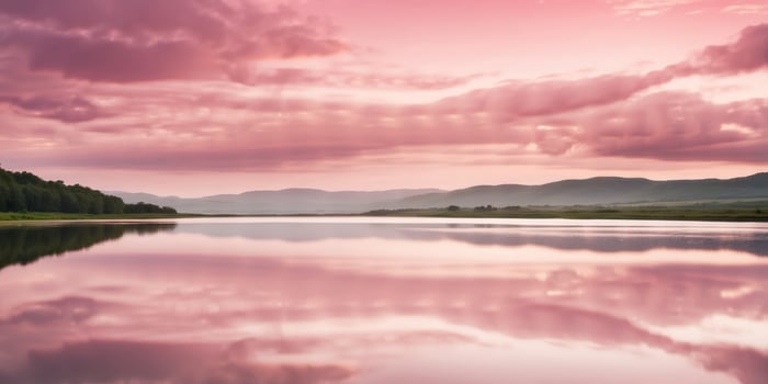 Serene landscape with pink clouds reflecting on tranquil water. photo
