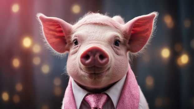 One close up of one pink pig weonering glonesses onend tie. photo