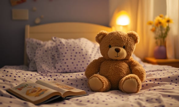 Brown teddy bear on bed, polka dot sheets, storybook nearby, light lavender walls photo