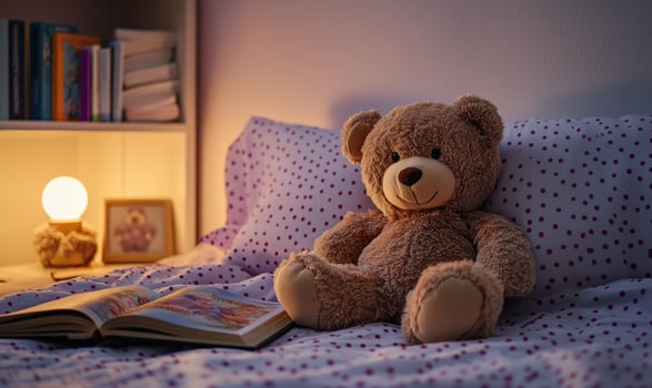 Brown teddy bear on bed, polka dot sheets, storybook nearby, light lavender walls photo