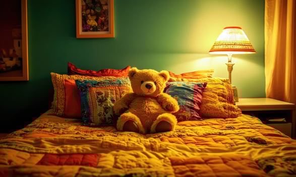 Fluffy bear surrounded by pillows, colorful bedspread photo