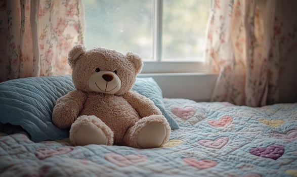 Brown teddy bear on bed, heart-patterned quilt, pastel-colored room, soft morning light photo