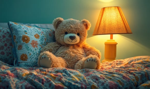 Fluffy bear surrounded by pillows, colorful bedspread photo