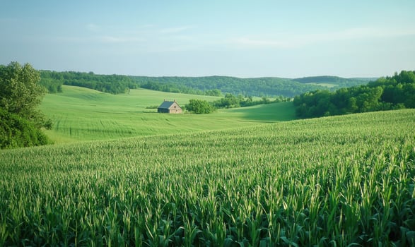 Cornfield with distant farmhouse, green expanse photo