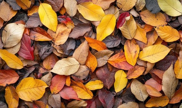 Autumn leaves layered on the ground, mixed colors of yellow, brown and red photo