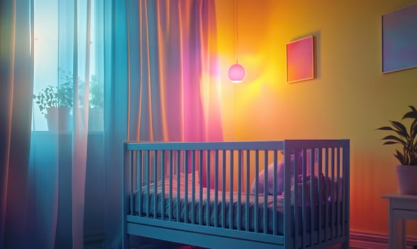 Light blue crib with soft gray bedding, glowing pink and purple lights photo