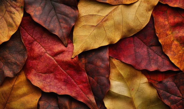 Layered autumn leaves, shades of gold and red, subtle shadows photo