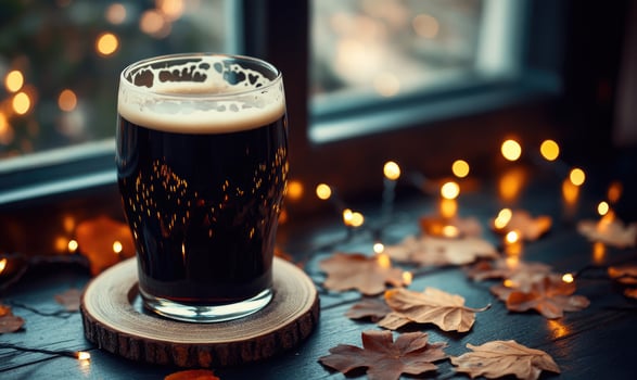 Pint of dark beer on wooden coaster, surrounded by warm fairy lights photo