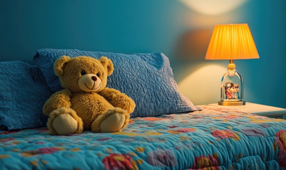 Teddy bear nestled in soft pillows photo