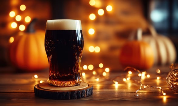 Pint of dark beer on wooden coaster, surrounded by warm fairy lights, autumn leaves scattered photo