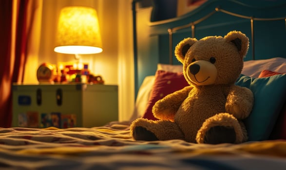 Teddy bear sitting on bed, colorful pillows photo