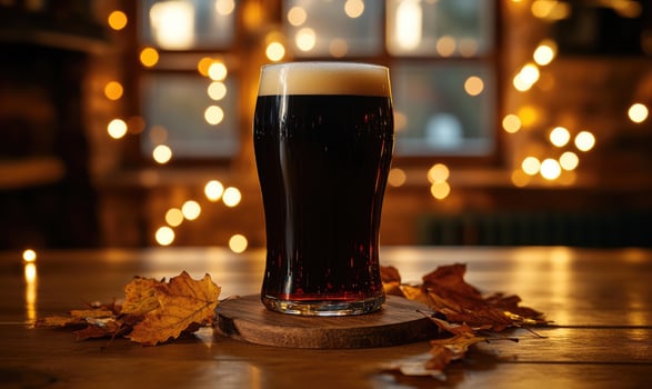 Pint of dark beer on wooden coaster, surrounded by warm fairy lights photo
