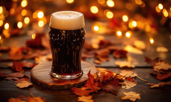 Pint of dark beer on wooden coaster, warm fairy lights, autumn leaves scattered photo