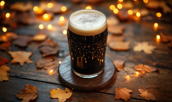 Pint of dark beer on wooden coaster, surrounded by warm fairy lights photo