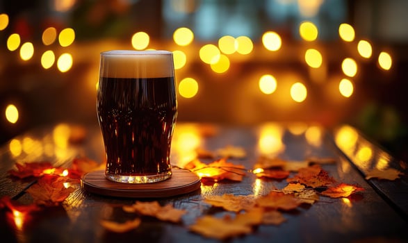 Pint of dark beer on wooden coaster, encircled by warm fairy lights photo