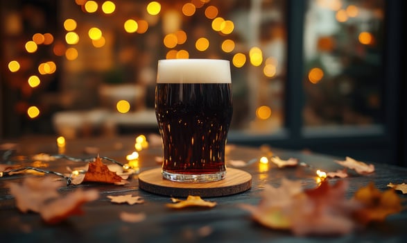 Pint of dark beer on wooden coaster, encircled by warm fairy lights photo
