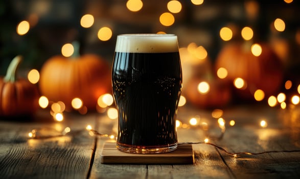 Pint of dark beer on wooden coaster, surrounded by warm fairy lights, autumn leaves scattered photo