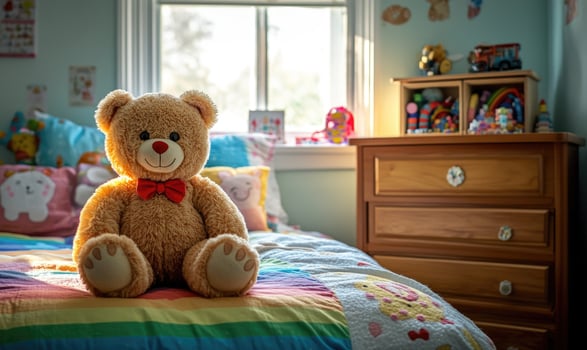 Teddy bear sitting on bed, colorful pillows photo