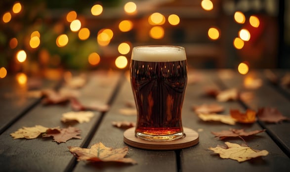 Pint of dark beer on wooden coaster, warm fairy lights, autumn leaves scattered photo
