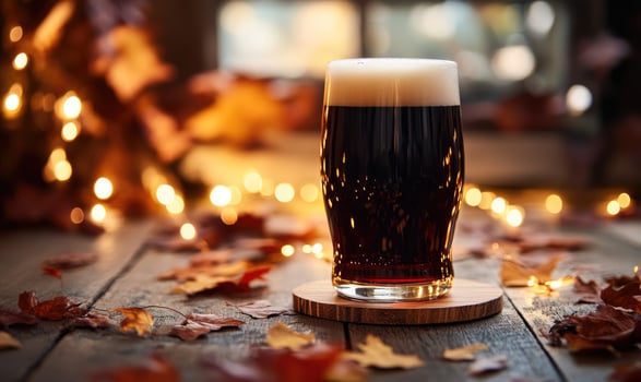 Pint of dark beer on wooden coaster, surrounded by warm fairy lights photo