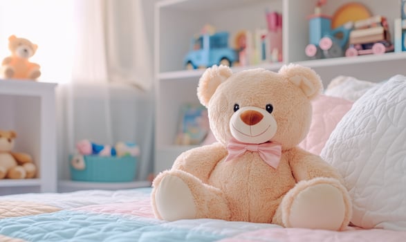 Teddy bear leaning against cushions photo